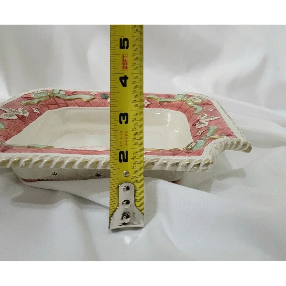 Vintage Claire Burke Holiday Collectibles 2001 Christmas Holly Ribbon Dish